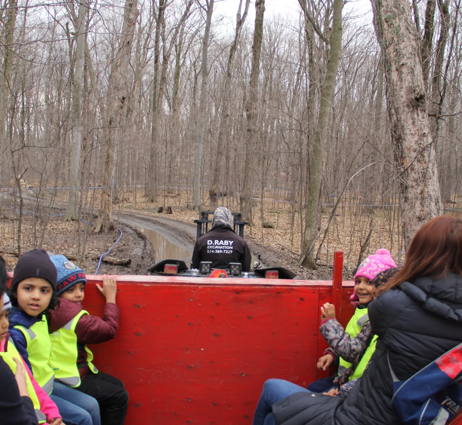 Des enfants en dossards à bord d'un wagon rouge pour la balade dans l'érablière