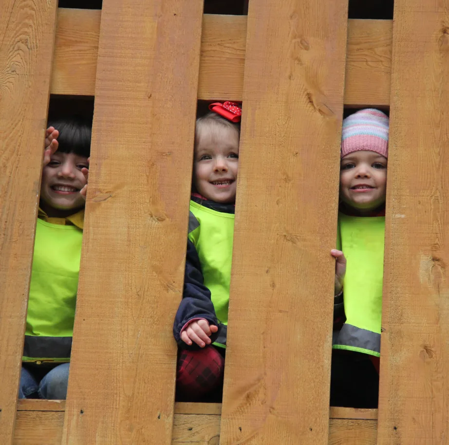 Trois tout-petits en dossards jettent un coup d'œil entre les planches d'une clôture de bois