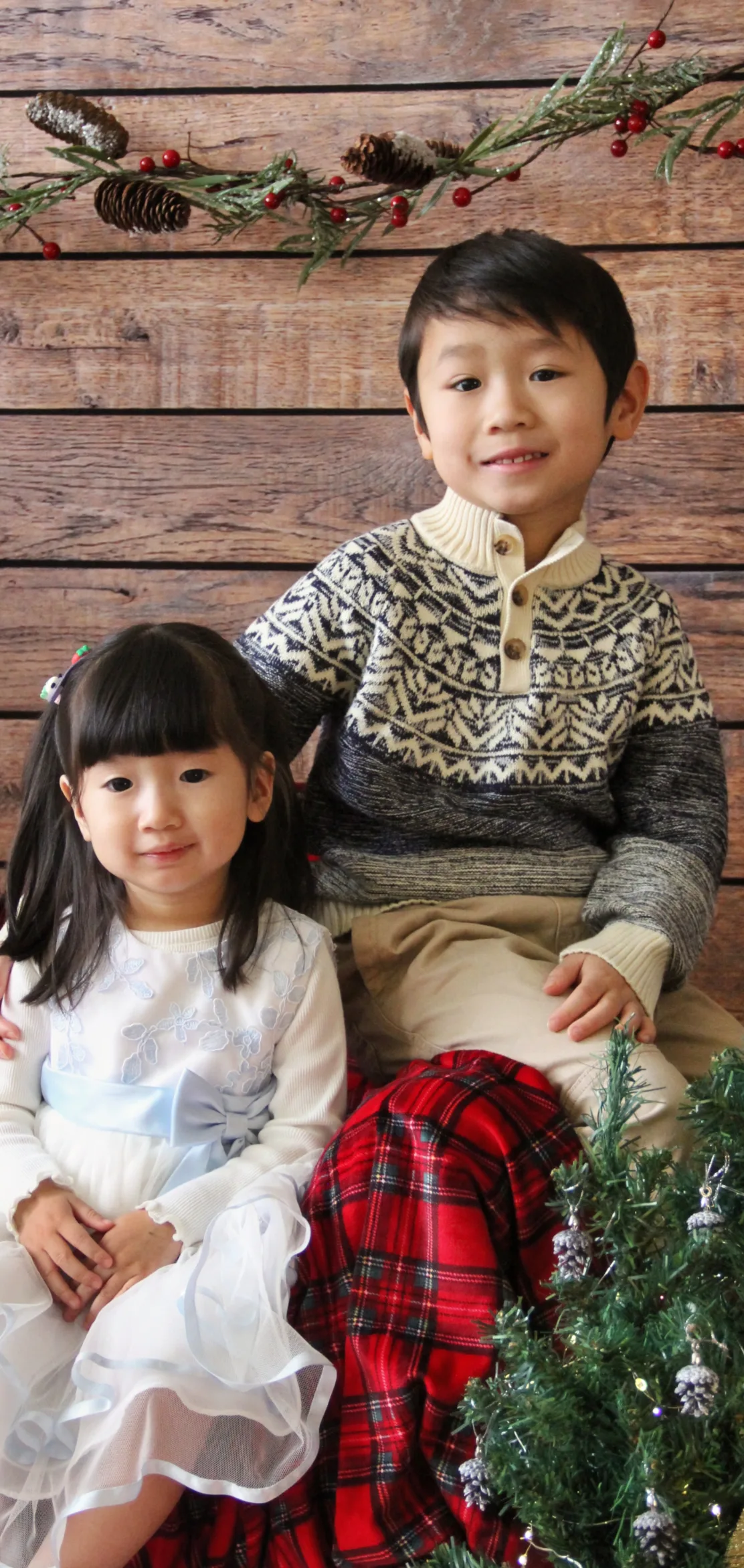 Deux enfants souriants devant un décor de bois rustique orné d'une guirlande de sapin