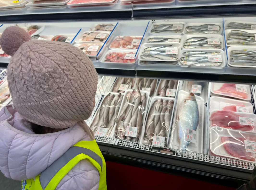 Un enfant avec une tuque observe les poissons frais au comptoir des produits de la mer